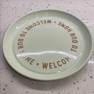 Creative Co-Op Round Enamel Tin Tray Mint Green Welcome to our home 14.5” NWT